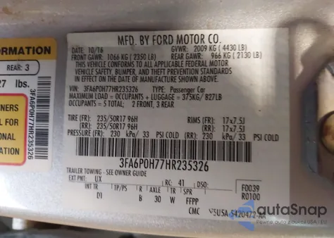 2017 Ford Fusion Se z USA, uszkodzony, nr VIN 3FA6P0H77HR235326